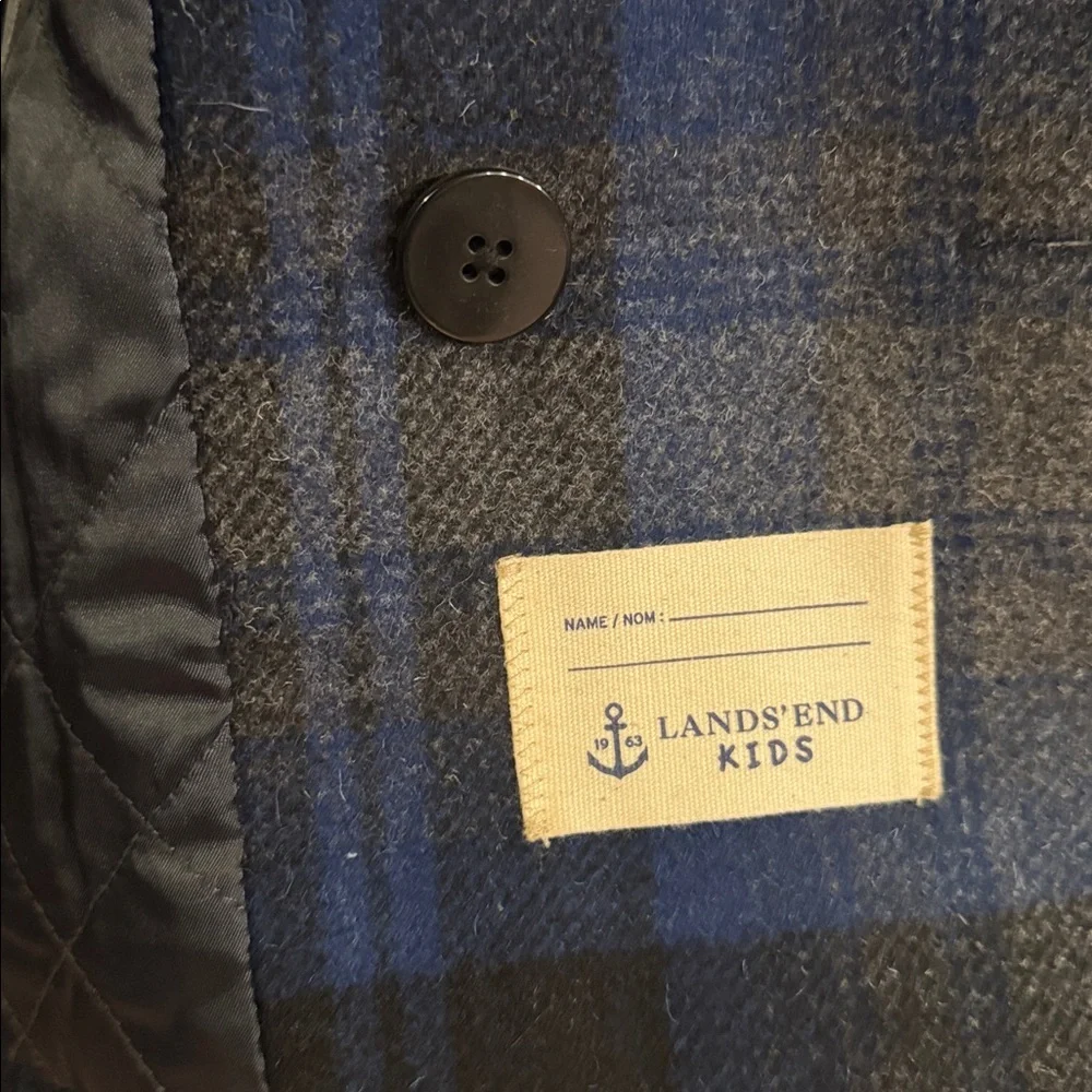 Lands' End Blue and Black Plaid youth wool blend Peacoat size youth medium - Picture 4 of 7